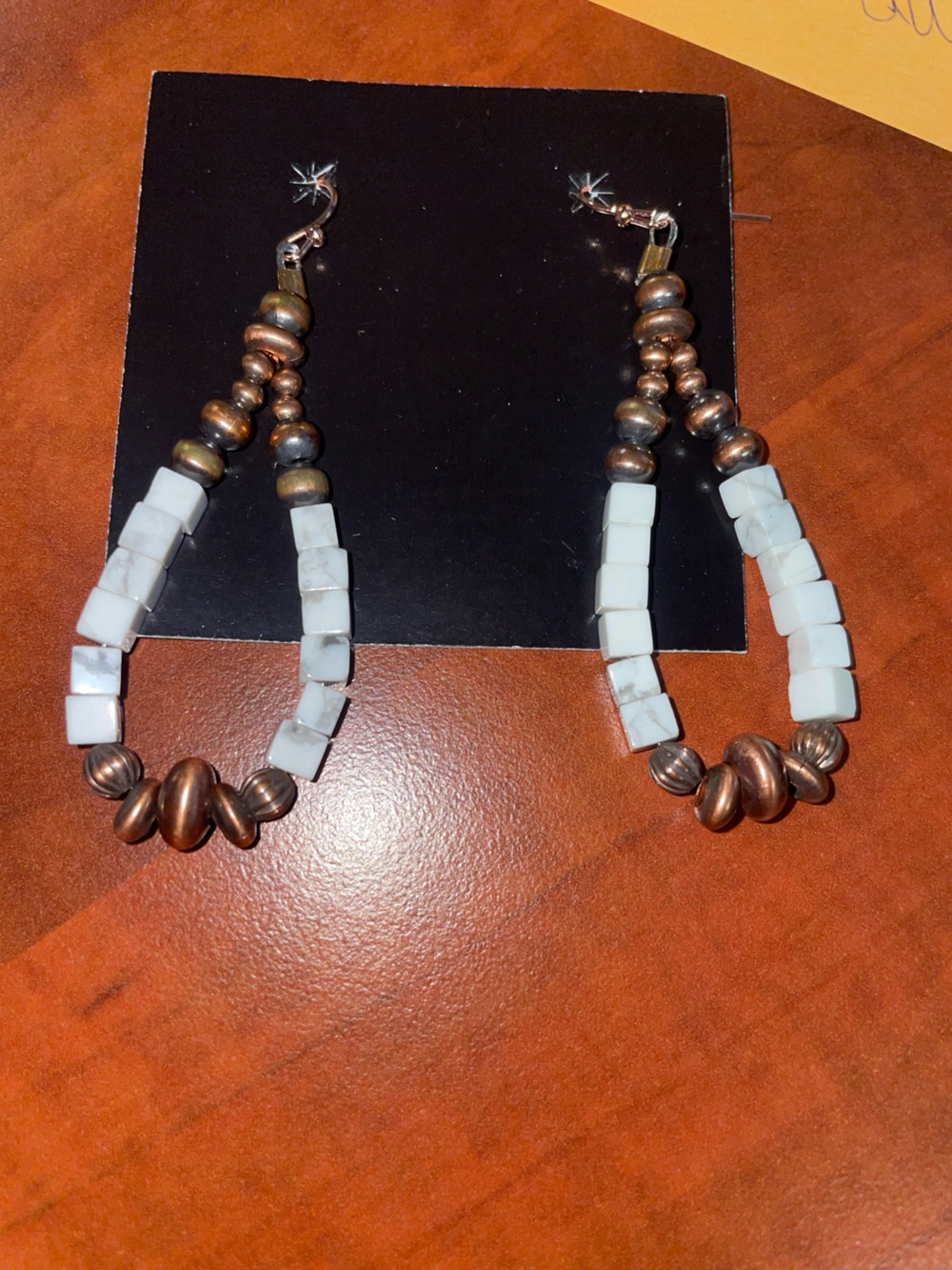 White Stone and Copper Bead Dangle Earrings